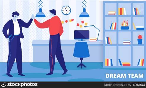 Dream Team Horizontal Banner. Cheerful Businesspeople Laughing and Shaking Hands at Office Workplace. Colleagues Rejoice for New Project. Joyful Managers Celebrating. Cartoon Flat Vector Illustration. Office Employee Characters Rejoice for New Project