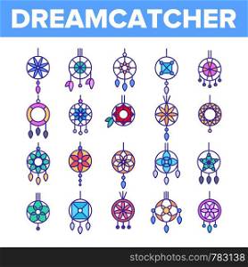 Dreamcatcher, Amulet Vector Thin Line Icons Set. Dreamcatcher, Protective Tribal Symbols Collection. Native American Magic Charm. Indian Talisman with Feathers Linear Illustration. Gift, Souvenir Idea. Dreamcatcher, Amulet Vector Thin Line Icons Set
