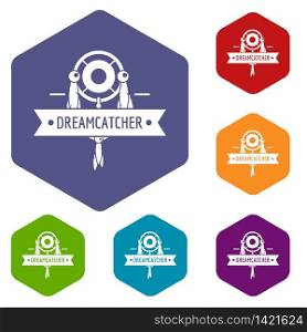 Dreamcatcher icons vector colorful hexahedron set collection isolated on white . Dreamcatcher icons vector hexahedron
