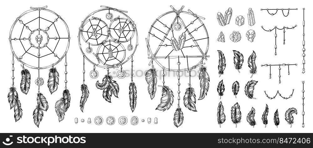 Dreamcatcher. Vintage sketch with native American tribal symbol with feathers and ornaments. Vector set mystical symbols hippie. Dreamcatcher. Vintage sketch with native American tribal symbol with feathers and ornaments. Vector set