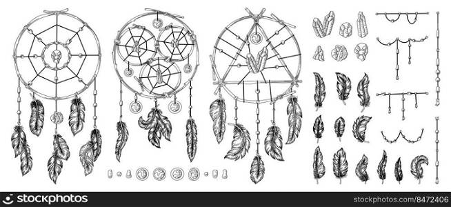 Dreamcatcher. Vintage sketch with native American tribal symbol with feathers and ornaments. Vector set mystical symbols hippie. Dreamcatcher. Vintage sketch with native American tribal symbol with feathers and ornaments. Vector set