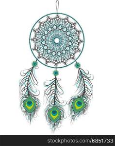 Dreamcatcher with feathers. Vector illustration of a dreamcatcher with a peacock feathers on a white background