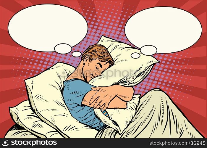 Dreamer man in bed hugging a pillow, pop art retro vector illustration