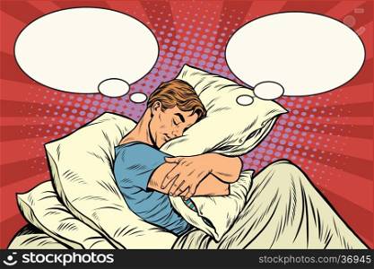 Dreamer man in bed hugging a pillow, pop art retro vector illustration