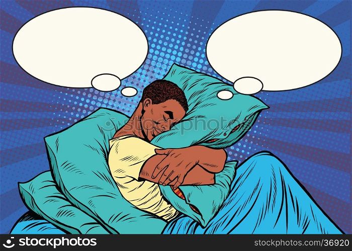 Dreamer man in bed hugging a pillow, pop art retro vector illustration. African American people