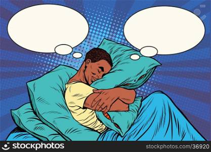 Dreamer man in bed hugging a pillow, pop art retro vector illustration. African American people
