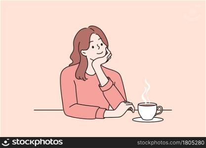Dreaming and everyday relaxation concept. Young positive girl sitting dreaming at table drinking tea or coffee alone vector illustration . Dreaming and everyday relaxation concept