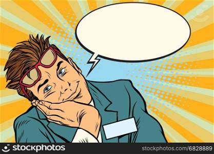 Dreaming businessman with glasses. Pop art retro vector illustration. Dreaming businessman with glasses