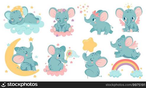 Dreaming elephant. Baby elephants sleep on cloud and moon, catch star or fly over rainbow. Magic animal girl with crown and wings vector set. Cute characters with bows and flowers on head. Dreaming elephant. Baby elephants sleep on cloud and moon, catch star or fly over rainbow. Magic animal girl with crown and wings vector set