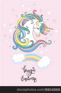Dreaming head of unicorn with a rainbow. Vertical poster. Vector illustration isolated on pink background. For stickers, party, embroidery, design, decoration, print, t-shirt, dishes, bed linen. Cartoon head of unicorn vector illustration poster pink