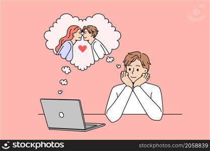 Dreaming of love and online dating concept. Smiling boy sitting at laptop dreaming of his girlfriend imagining their date online vector illustration. Dreaming of love and online dating concept.