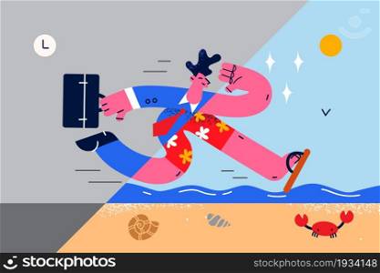 Dreaming of vacations and travel concept. Young smiling business man half wearing official suit in office half running to beach in swimwear vector illustration . Dreaming of vacations and travel concept