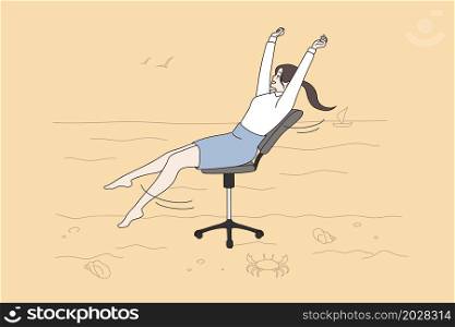 Dreaming of weekend and vacations concept. Young smiling positive office worker woman barefoot sitting in office dreaming of being traveling to seaside vector illustration. Dreaming of weekend and vacations concept