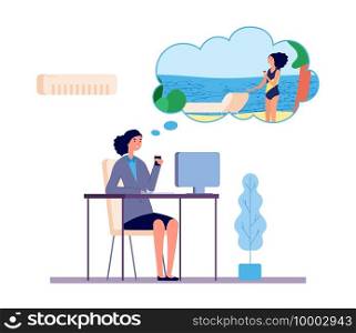 Dreaming woman. Office girl dreams about beach vacation vector concept. Illustration office girl dream about beach. Dreaming woman. Office girl dreams about beach vacation vector concept