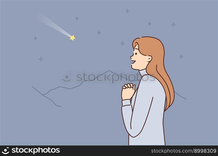 Dreaming woman with palms clasped in front of chest looks at shooting star and makes wish. Casual girl watching starfall while making wish to go to college or university. Dreaming woman with palms clasped in front chest looks at shooting star and makes wish
