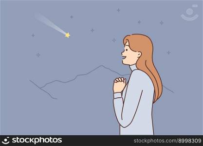 Dreaming woman with palms clasped in front of chest looks at shooting star and makes wish. Casual girl watching starfall while making wish to go to college or university. Dreaming woman with palms clasped in front chest looks at shooting star and makes wish