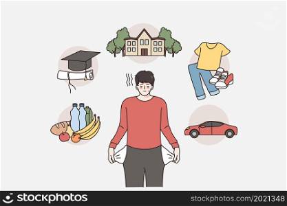 Dreams and having no money concept. Sad young man standing showing off his empty pockets dreaming of education good food home car and clothes vector illustration . Teamwork, cooperation and success concept