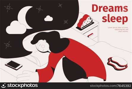 Dreams sleep isometric background with human character of woman sleeping on bed with images of moon vector illustration. Dreams Sleep Isometric Background