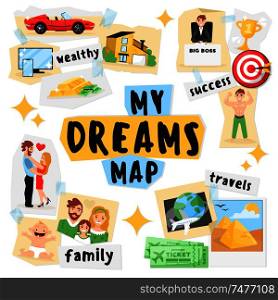 Dreams vision board composition with colourful cartoon images of dreams goals and photographs of happy family vector illustration