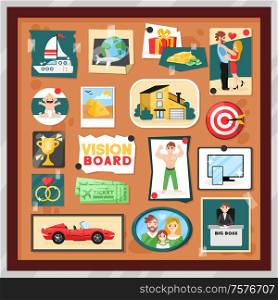 Dreams vision board composition with set of pinned cartoon style photos and images inside square frame vector illustration. Vision Board Frame Set