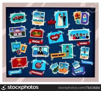 Dreams vision board with success and family symbols flat isolated vector illustration. Dreams Vision Board