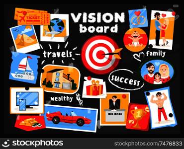 Dreams vision map chalkboard composition with cartoon style images pinned to black board with text captions vector illustration