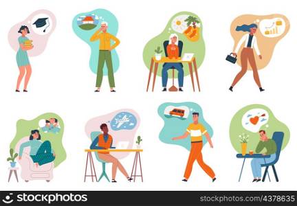 Dreamy thoughtful characters, dreaming people with thought bubbles. Happy persons dream about success, love or vacation vector illustration set. Thoughtful dreaming people imagine career promotion. Dreamy thoughtful characters, dreaming people with thought bubbles. Happy persons dream about success, love or vacation vector illustration set. Thoughtful dreaming people