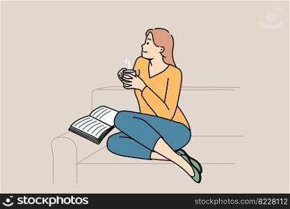 Dreamy young man sit on sofa reading book drinking coffee. Happy girl relax on couch in living room with warm beverage. Vector illustration. . Happy girl sit on couch reading book drinking coffee