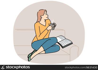 Dreamy young man sit on sofa reading book drinking coffee. Happy girl relax on couch in living room with warm beverage. Vector illustration.. Happy girl sit on couch reading book drinking coffee