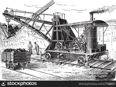 Dredge spoon on wagon, vintage engraved illustration. Industrial encyclopedia E.-O. Lami - 1875.