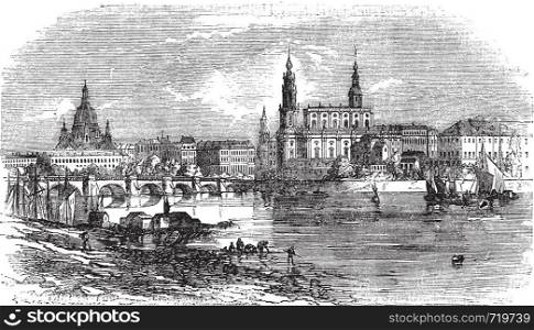Dresden in Saxony, Germany, during the 1890s, vintage engraving. Old engraved illustration of Dresden as viewed from the Elbe River bank.