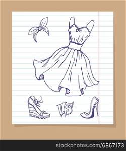 Dress and shoes sketch. Fashion shoes battle. Vector sketch of dress and shoes on line notebook page