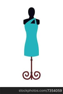 Dress blue on mannequin, dummy in stylish gown design for elegant women, shop and clothing store item vector illustration isolated at white background. Dress Blue and Mannequin, Vector Illustration