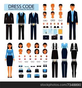Dress code for business people characters set. Stylish formal male and female office suits. Constructor of employees with bosses vector illustrations.. Dress Code for Business People Characters Set