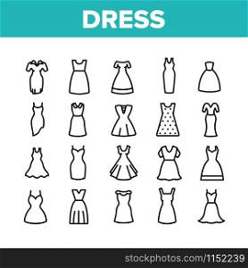 Dress Fashion Female Collection Icons Set Vector Thin Line. Fashionable Woman Dress, Elegant And Trendy Clothes For Lady Concept Linear Pictograms. Monochrome Contour Illustrations. Dress Fashion Female Collection Icons Set Vector