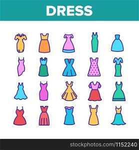 Dress Fashion Female Collection Icons Set Vector Thin Line. Fashionable Woman Dress, Elegant And Trendy Clothes For Lady Concept Linear Pictograms. Color Illustrations. Dress Fashion Female Collection Icons Set Vector