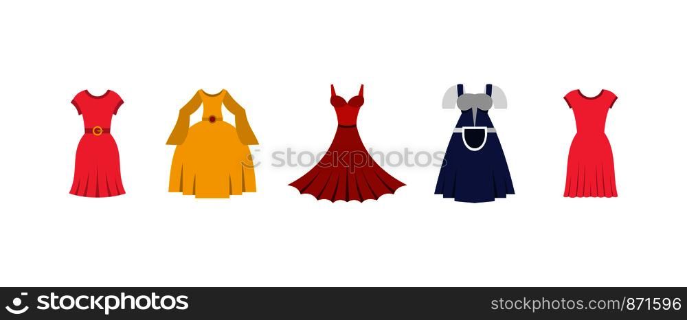 Dress icon set. Flat set of dress vector icons for web design isolated on white background. Dress icon set, flat style
