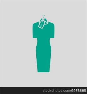 Dress On Hanger With Sale Tag Icon. Green on Gray Background. Vector Illustration.