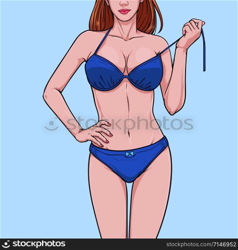 Dress up in beach fashion A woman wearing a bikini Illustration vector On pop art comics style Abstract colorful background