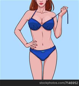 Dress up in beach fashion A woman wearing a bikini Illustration vector On pop art comics style Abstract colorful background