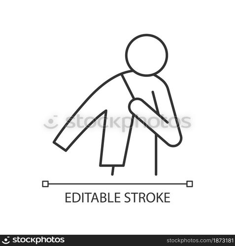 Dress up linear icon. Person putting on jacket. Man getting ready to go to work. Wearing clothes. Thin line customizable illustration. Contour symbol. Vector isolated outline drawing. Editable stroke. Dress up linear icon