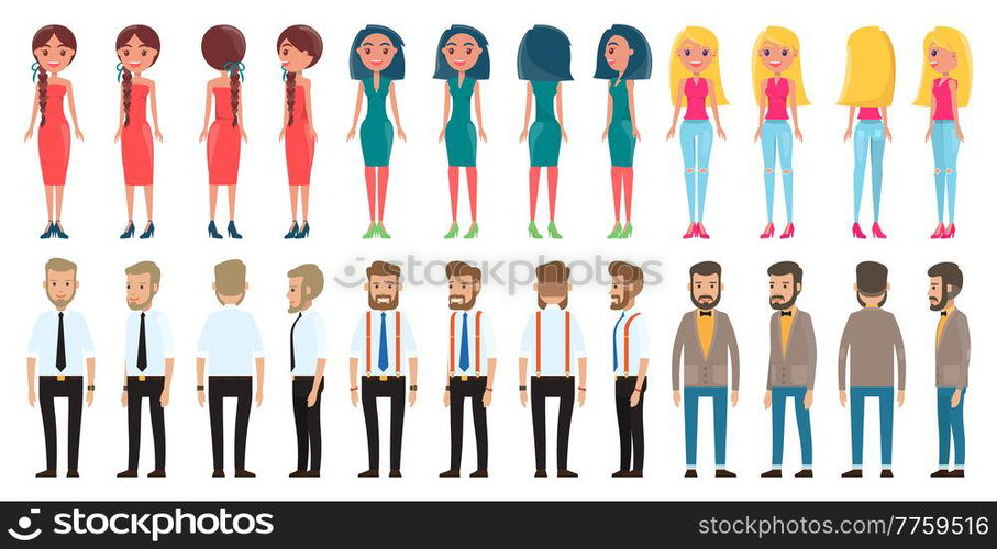 Dresscode of different women, men, brunette with pigtails and red dress, girl with bob hairstyle in green dress, smiling blonde in jeans, collection of different style businessmen in office costumes. Dresscode of different women, men, different style businessmen in office costumes, pretty girls