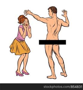 dressed woman and naked man. surprise. Pop art retro vector stock illustration drawing. dressed woman and naked man. surprise