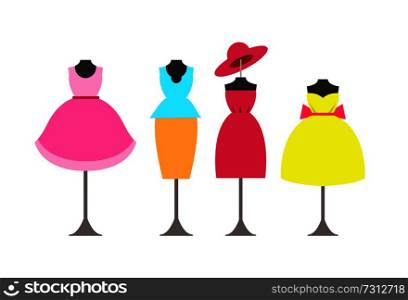 Dresses collection poster, items created for women, stylish and elegant clothes, hat and skirt with blouse, vector illustration isolated on white. Dresses Collection Poster Vector Illustration