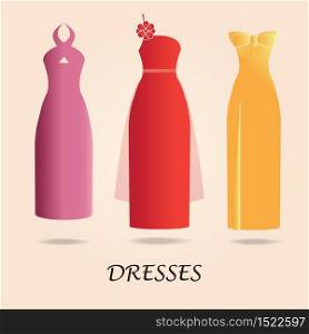 Dresses isolated on background, Party dress or cocktail dresses, Woman dress icon flat design Vector illustration.