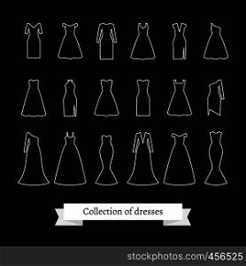 Dresses line icons. Woman outline dresses signs on black background. Vector illustration. Dresses line icons
