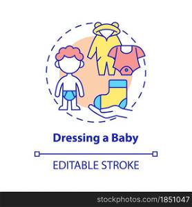 Dressing baby concept icon. Change baby clothes abstract idea thin line illustration. Child care and hygiene. What infant wears. Vector isolated outline color drawing. Editable stroke. Dressing baby concept icon
