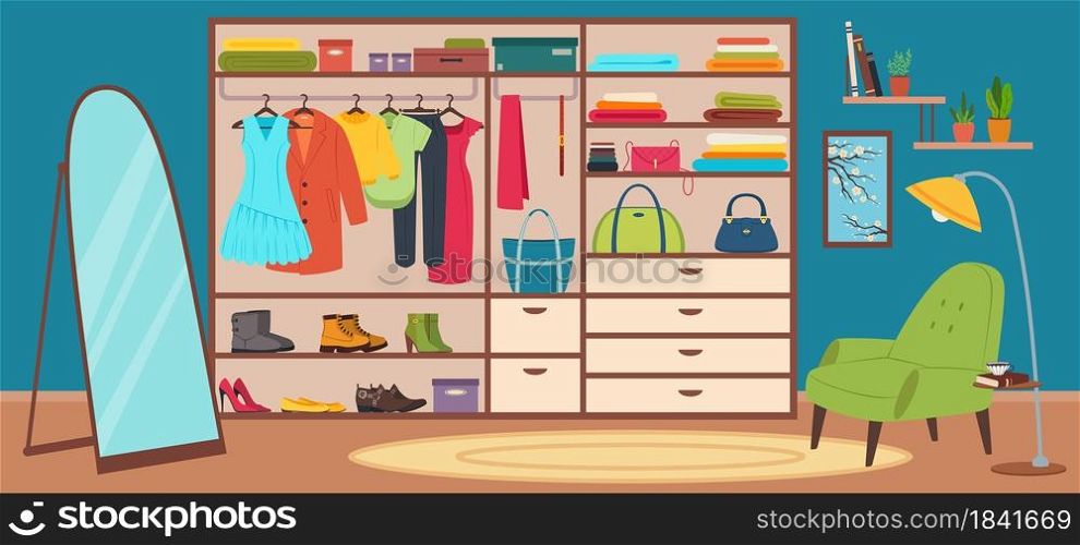 Dressing room interior, wardrobe with fashion women clothes. Modern bedroom design with closet, mirror, chair flat cartoon vector illustration. Room with armchair, shelves with rails. Dressing room interior, wardrobe with fashion women clothes. Modern bedroom design with closet, mirror, chair flat cartoon vector illustration