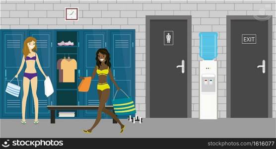 Dressing room interior with lockers and beauty female with sporting equipment,open and closed lockers,wc and exit doors,Women in lingerie,flat vector illustration