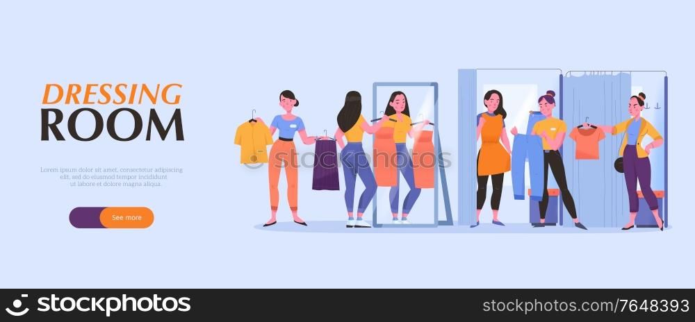 Dressing room poster with women clothing symbols flat vector illustration